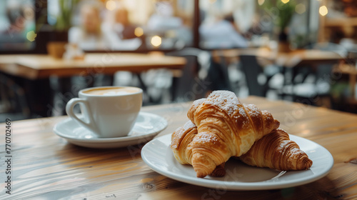 A cup of hot coffee and fresh croissants. French breakfast on a sunny day at a cafe table. Fresh pastries.