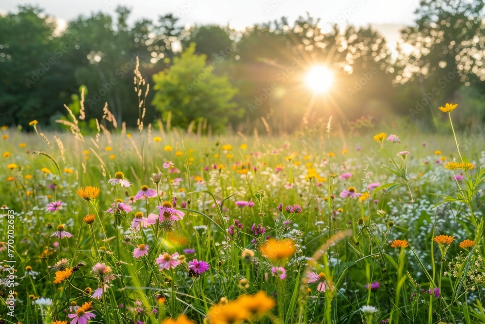 Landscape with many different wildflowers, in sunlight