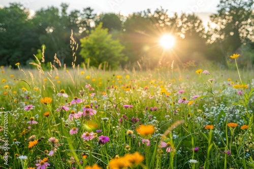 Landscape with many different wildflowers, in sunlight