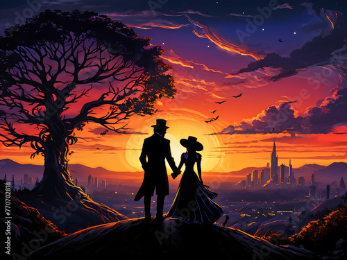 A couple Dickensian,goth man and women holding hands, standing on hill, looking at city -vivid sunset and with twilight silhouette 