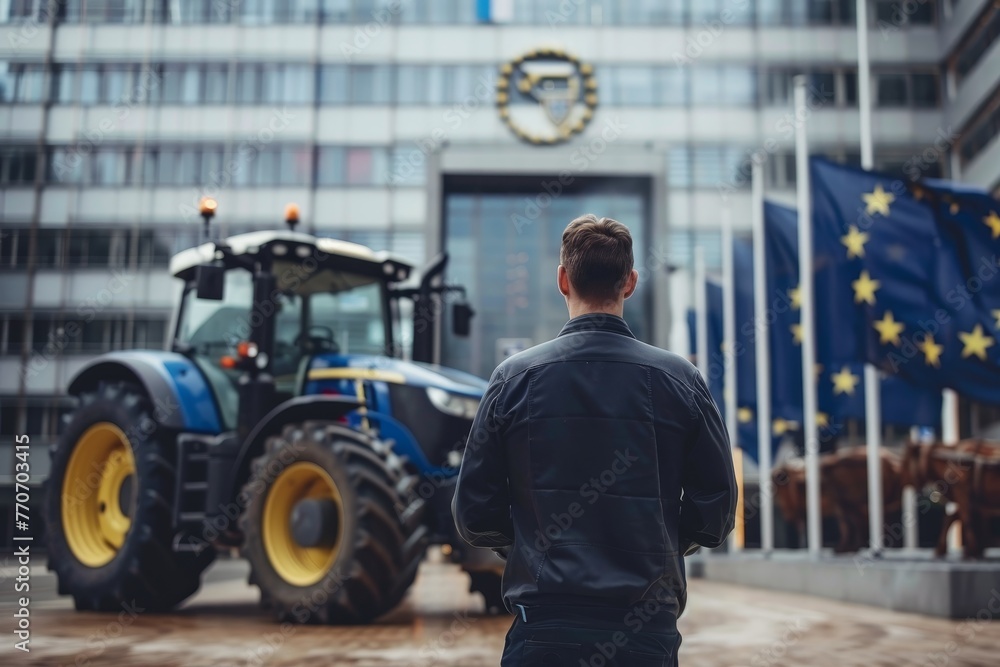 A tractor parked in front of a building