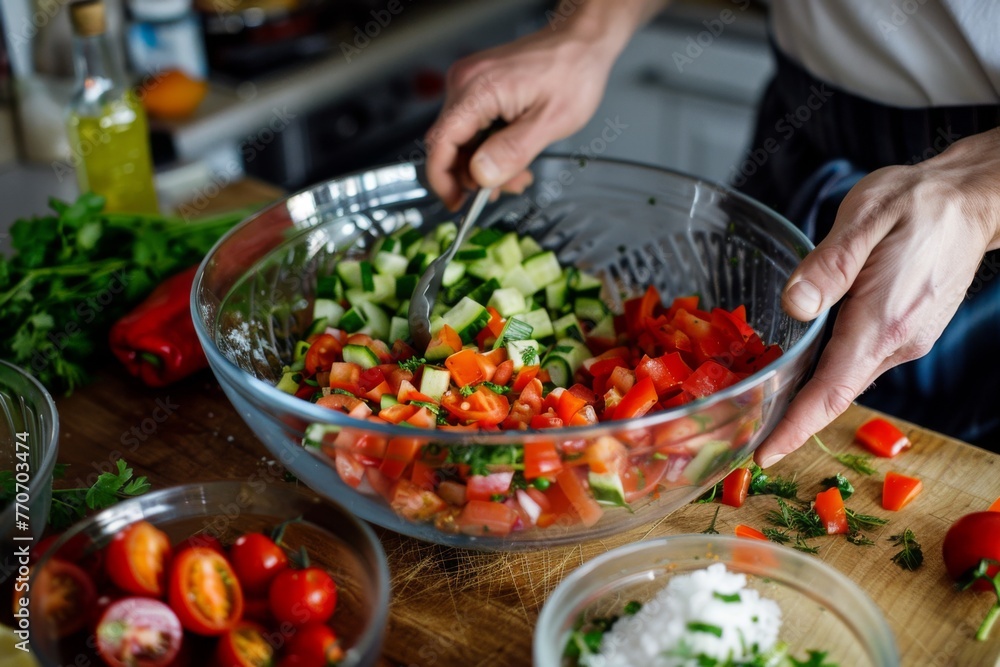 The process of preparing fresh vegetable salad The process of preparing fresh vegetable salad