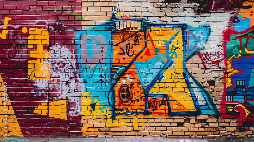 Fototapeta premium Colorful red yellow and blue graffiti on a brick wall.
