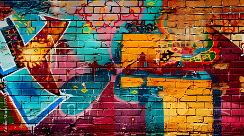 Colorful red yellow and blue graffiti on a brick wall.