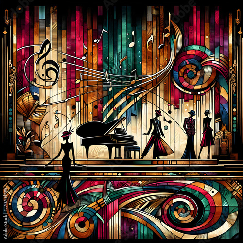 The stylized and artistic fashion illustration capturing the essence of a 1930's jazz club with a rich color palette and bold lines, set against a grandiose backdrop that includes musical notes
