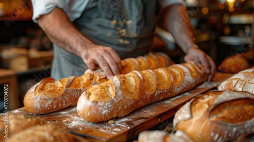 Professional baker arranging freshly baked bread on wooden table