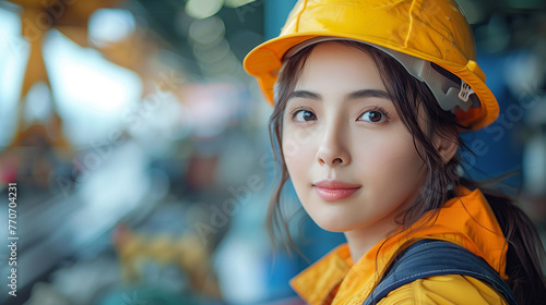 Young pretty Chinese woman at outdoors with worker cap. © aekkorn