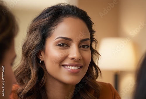 A woman shares a joyful conversation in an office environment, her smile conveying positivity and engagement.