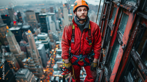 A man in workwear with a red jumpsuit, helmet, and engineering tools stands on a ladder in a building amidst the city's steel and metal structures.