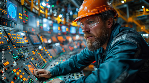 An engineer working in a control room in a vast mineral extraction site. photo