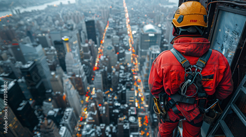A man in workwear with a red jumpsuit, helmet, and engineering tools stands on a ladder in a building amidst the city's steel and metal structures.