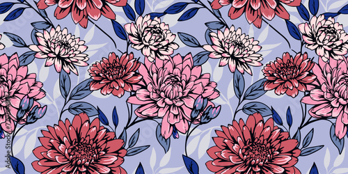 Creative colorful flowers and leaves seamless pattern on a blue background. Vector hand drawn. Abstract artistic blooming floral printing. Template for designs, textile, fashion, print, fabric