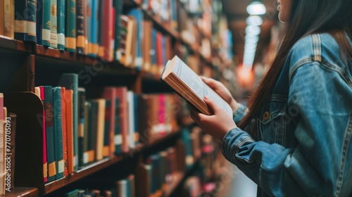 a girl taking a book from the shelf of the library photo