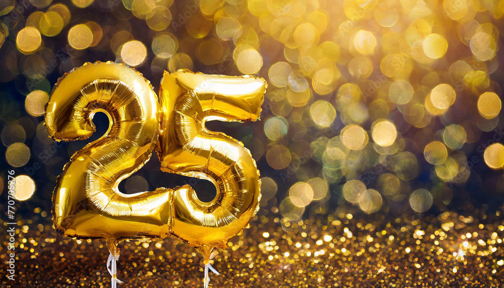 Banner with number 25 golden foil balloon. Twenty five years anniversary celebration. Golden bokeh Banner with number 25 golden foil balloon. Twenty five years anniversary celebration. Golden bokeh