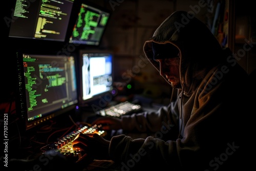 A Figure of a hacker with a hoodie sits in a dark room