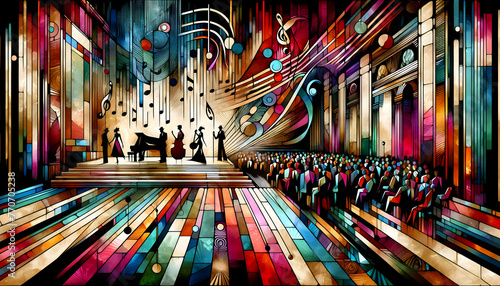 The stylized fashion illustration of the 1930's jazz club scene, designed with a vibrant color palette and a wide view to enhance the dynamic atmosphere of the setting