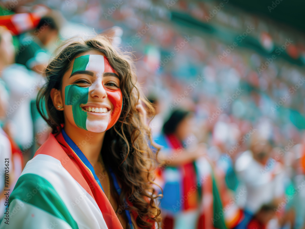 Italian soccer fan woman with national flag of italian painted on her face.. Celebrating crowd in a stadium. Cheering during a match in stadium Italian soccer fan woman with national flag of italian painted on her face.. Celebrating crowd in a stadium. Cheering during a match in stadium