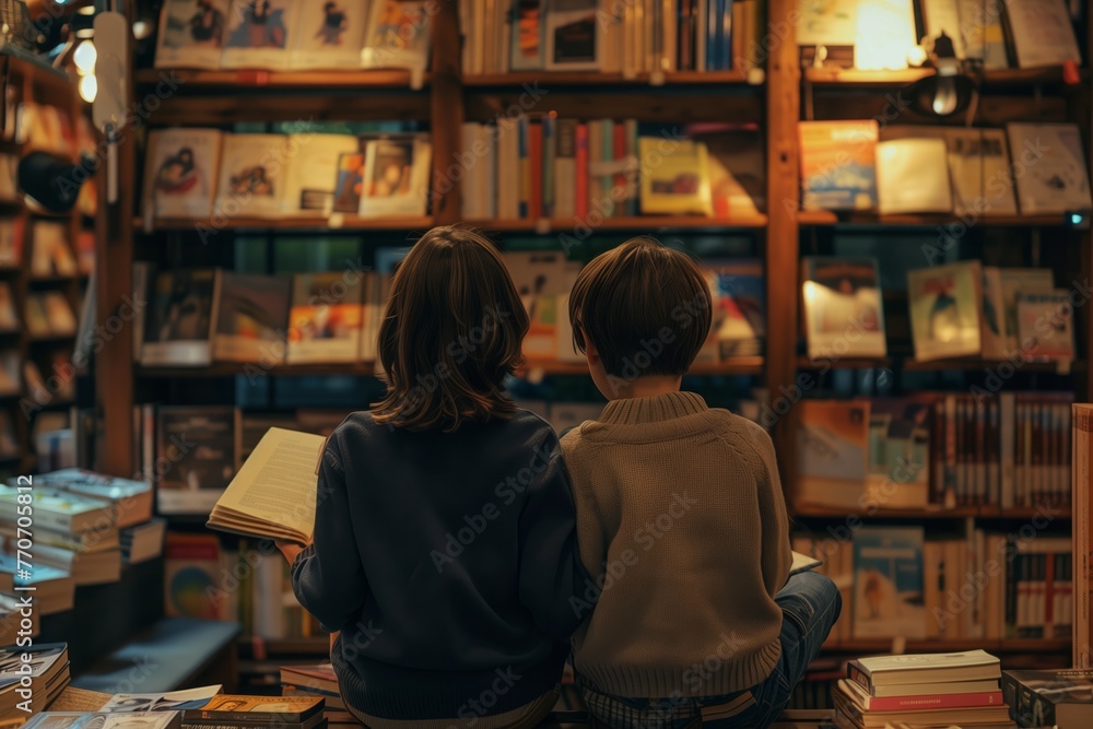 Two children sitting on the shelf in a bookstore, back view, holding books and reading Two children sitting on the shelf in a bookstore, back view, holding books and reading