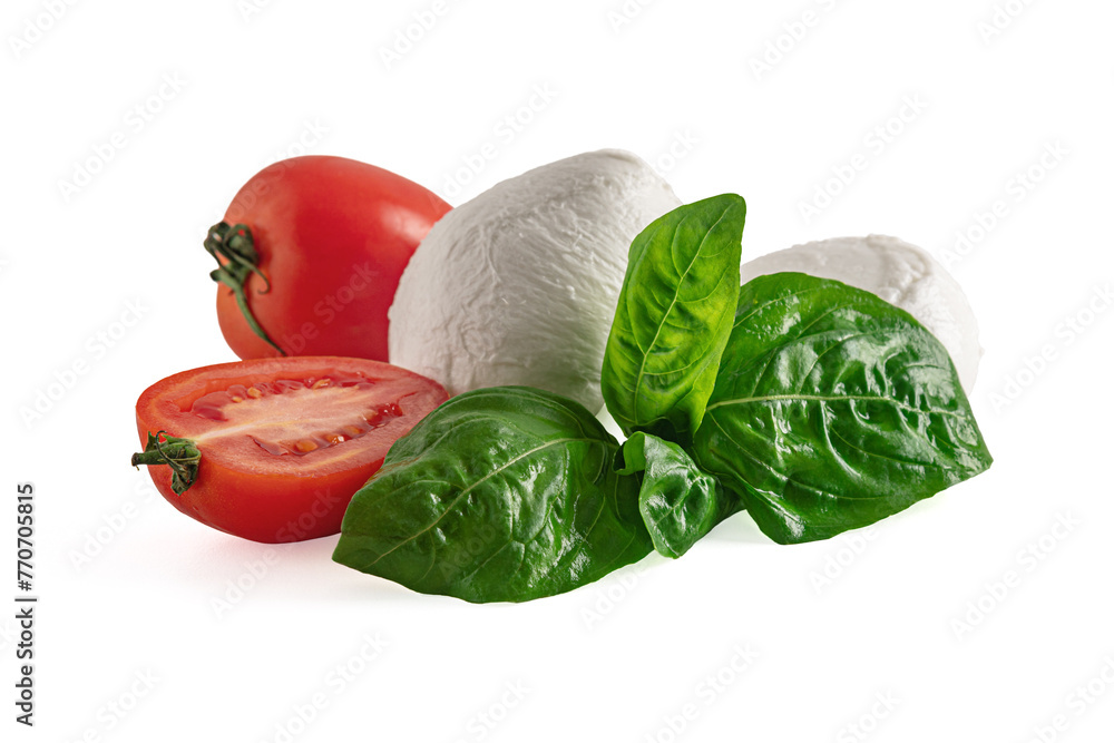 fresh mozzarella, tomatoes and basil leaves isolated on white - obrazy, fototapety, plakaty 