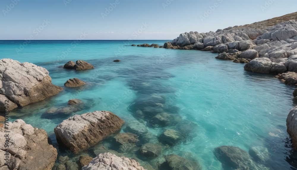 seascape with clear turquoise water among rocks and stones, in the distance you can see the horizon line