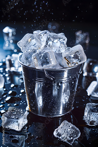 The icy allure: Frosty ice cubes snuggly fitted in a metallic bucket