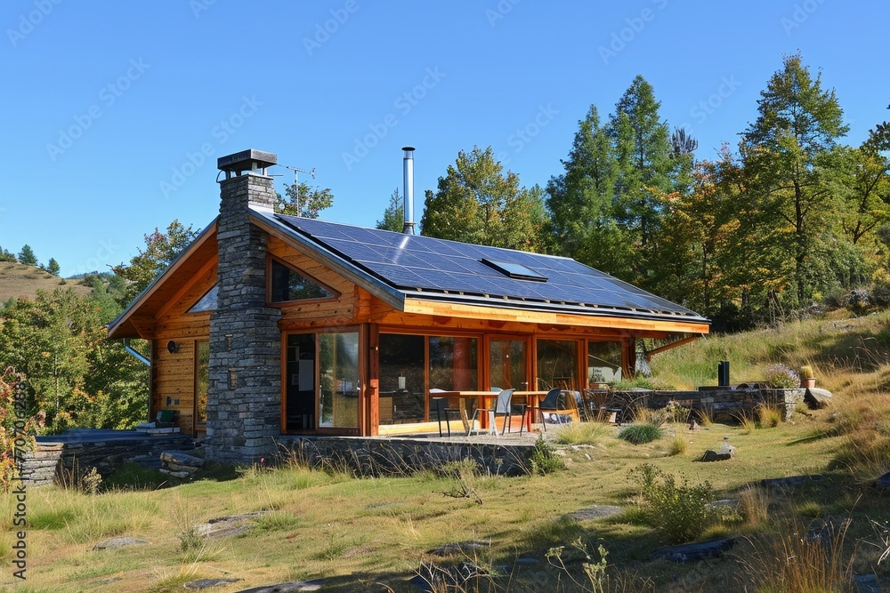 Villa with solar panels in the middle of the savanna or forest