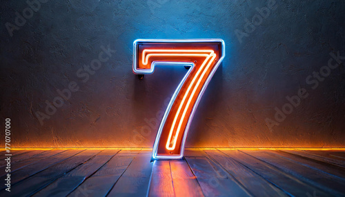 Image of glowing neon number 7, made from neon light. 3D rendering. Dark backdrop. photo