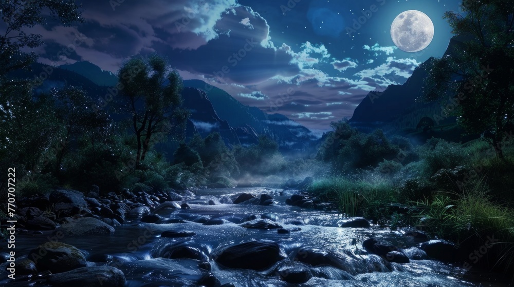 Moonlit River Flowing Through Lush Green Forest