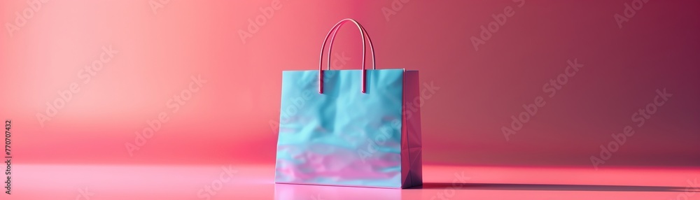 Minimalist 3D shopping bag, vibrant against soft pastel fuchsia, emblem of chic retail