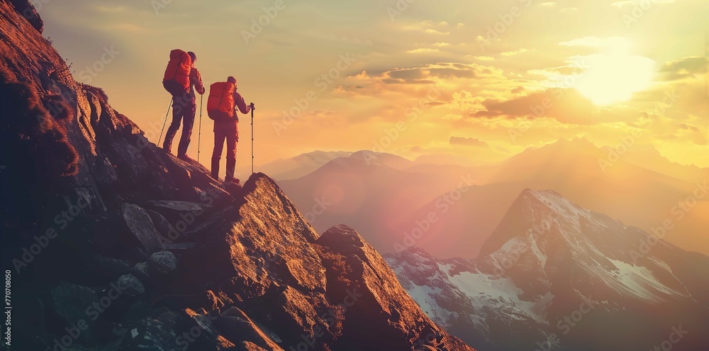 Two hikers helping each other reach the top of the mountain, a nature adventure concept on a beautiful sunrise background