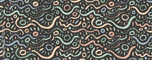 Pastel colored seamless pattern with brush drawn wavy lines, squiggles, doodle circles and short strokes.