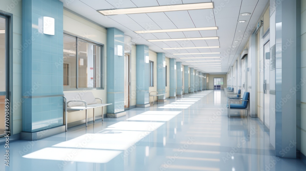 Obraz premium A long, bright hospital corridor with rooms and seating.