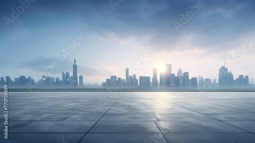 A city skyline with a large building in the middle