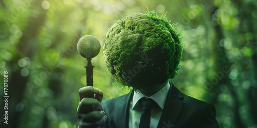 A blob of microalgae delivers a political speech, symbolizing unexpected voices advocating for environmental issues and ecological awareness. photo