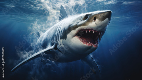 A great white shark swims through a clear blue ocean, sunlight filtering through the water. © crazyass