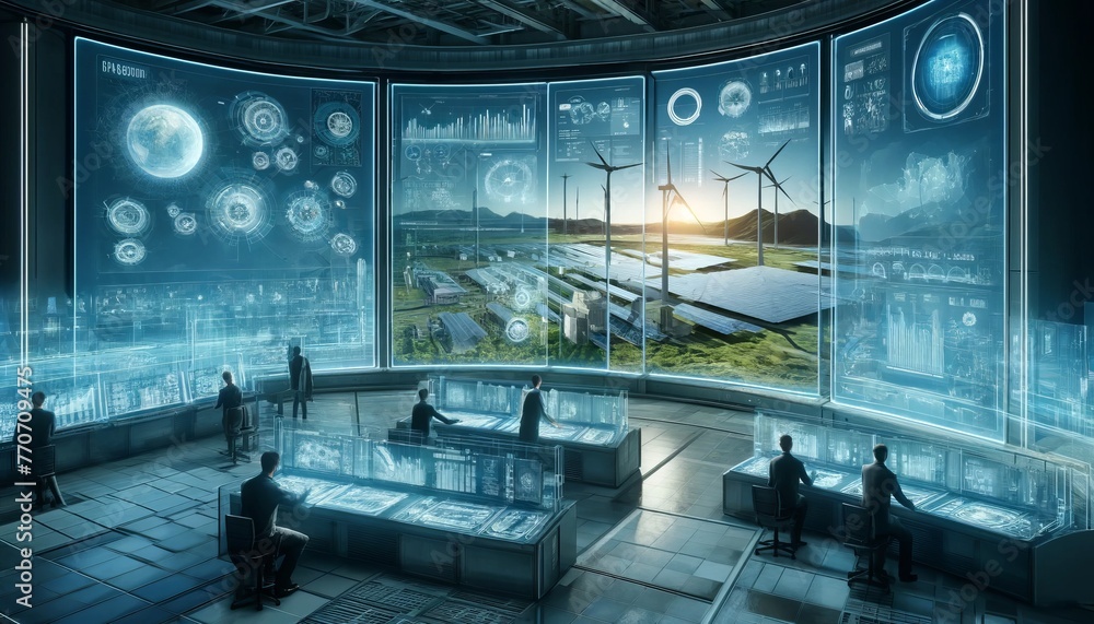 Visualize an advanced AI system monitoring a renewable energy grid. The scene unfolds in a sleek, high-tech control room filled with transparent, holographic displays showing intricate data maps - obrazy, fototapety, plakaty 