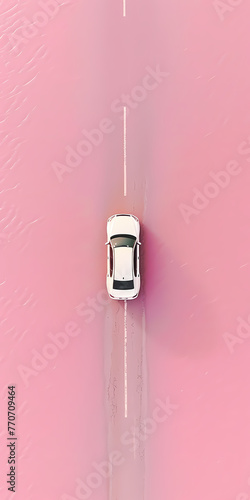 Flat lay concept of white car on pink road. Ai genereted photo