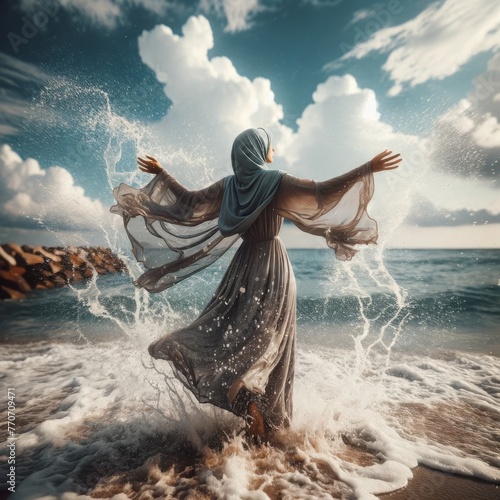 A Muslim woman stands on the beach with her arms outstretched, as if she is dancing in the sea spray. Water splashes around him, creating an artistic and dynamic scene. In the background