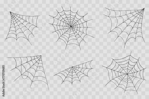 Halloween cobweb, frames and borders, scary elements for decoration. Hand drawn spider web or cobweb. Line art, sketch style spider web elements, spooky, scary image. Vector illustration.
 photo