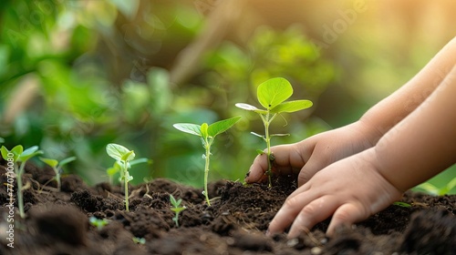 A Children Hand Gently the Soil and Sprouting Plants.