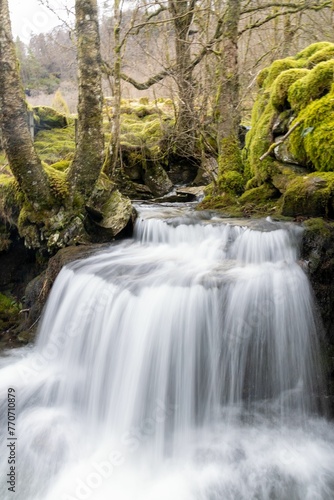 Majestic waterfall cascading through lush greenery and over mossy rocks and boulders in the forest