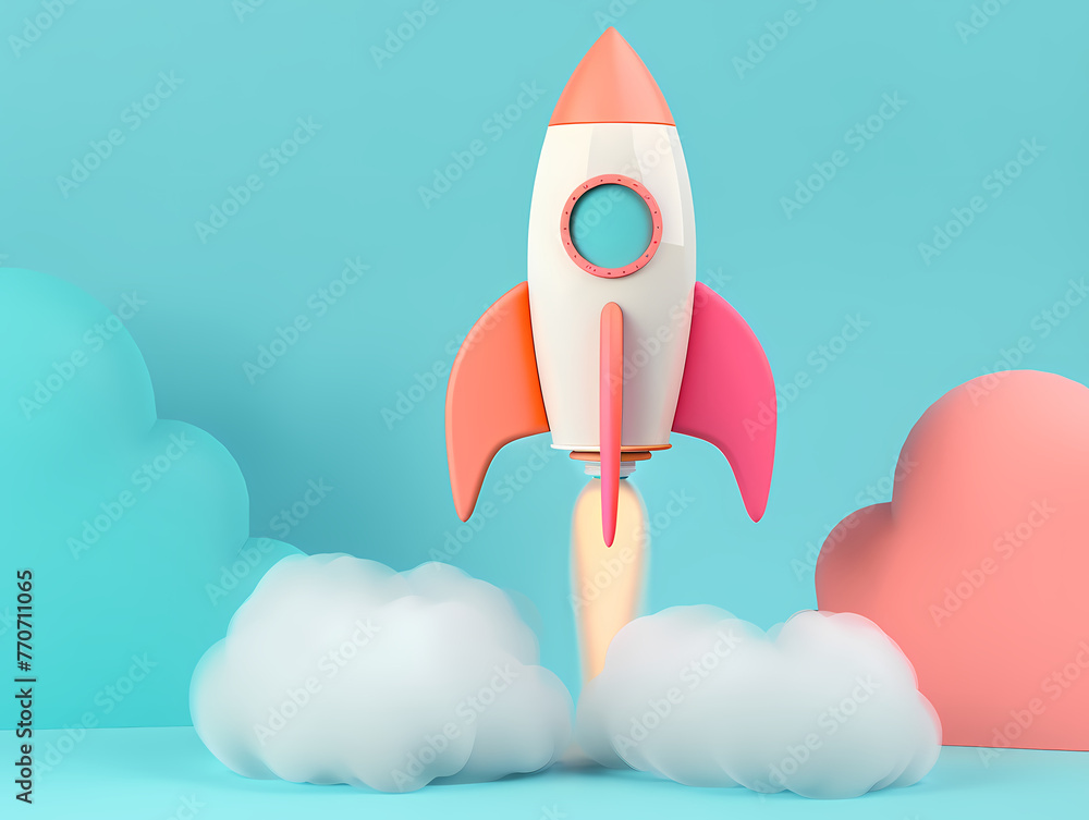 A rocket that takes off as a symbol of a successful beginning, background is blue A rocket that takes off as a symbol of a successful beginning, background is blue