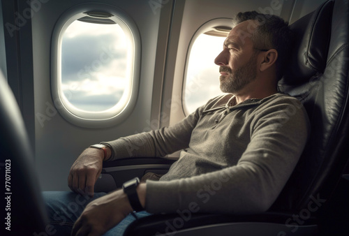 Man resting on an airplane © LeonPhoto