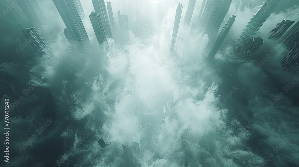 An aerial view 3D rendering of a futuristic city, its silhouette emerging from thick white smoke, with skyscrapers piercing through a delicate mist.