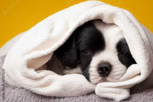 dog in a towel. small fluffy black and white dog wrapped in a white towel, close up, animal concept © ibragimova