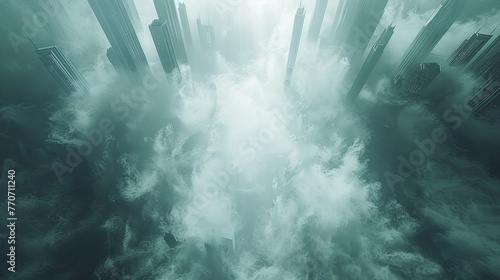 An aerial view 3D rendering of a futuristic city  its silhouette emerging from thick white smoke  with skyscrapers piercing through a delicate mist.