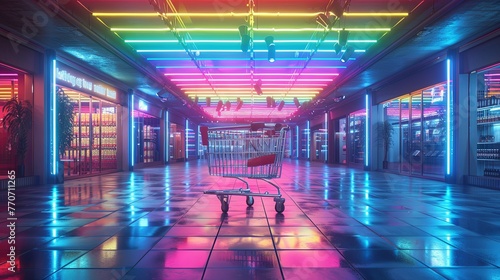 a lone shopping cart in the center of a corridor glowing with neon lights, evoking themes of retail in the age of technology and solitude amidst consumerism.