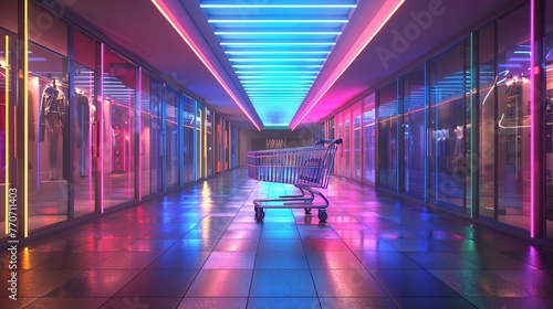 3D rendering of a shopping cart under a canopy of neon lights inside a contemporary store. The cart, outlined with neon strips, casts a spectrum of colors on the surrounding area. photo
