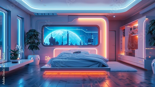 A futuristic bedroom 3D rendering, showcasing an ultra-modern design with smart furniture, including a floating bed with underlighting, transparent OLED windows © Riz