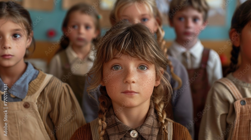 Group of diligent schoolchildren looking at camera in school Group of diligent schoolchildren looking at camera in school